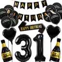31st Birthday Decoration Set - Black Gold Balloons, Banner, Shoulder Strap & Wine Bottle Balloon