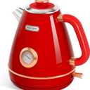 Hazel Quinn Retro Electric Kettle  1.7 Liters / 57.5 Ounces Tea Kettle with Thermometer, All Stainless Steel, Fast Boiling 1200 W, BPAfree, Cordless, Rotational Base, Automatic Shut Off  Ruby Red