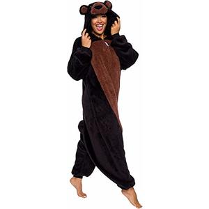 Funziez! Sherpa Bear Adult Onesie - Animal Halloween Costume - Plush Teddy One Piece Cosplay Suit for Adults, Women and Men(Black, X-Large)