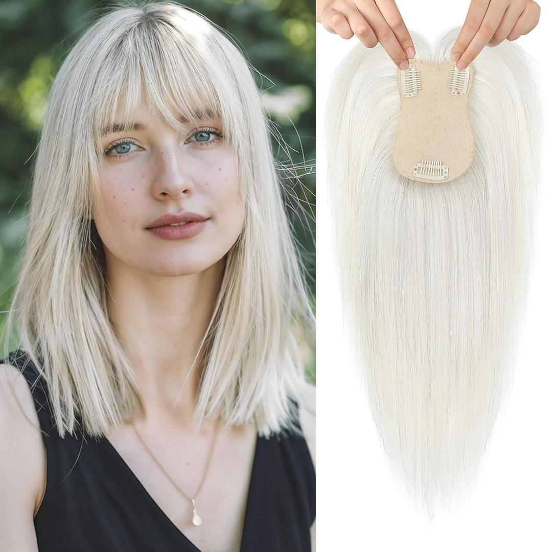 Flufymooz 100% Real Human Hair Toppers, 12 Inch Human Hair Toppers for Thinning Hair Large Hand-woven Area 360 Coverage Natural Hairpiece Wiglet for Women Daily 5"x3" Silk Base (Silver White)