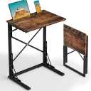 21''Wx28''H Folding TV Tray, Small Foldable C-Shaped End Table for Eating with Tablet and Phone Slots, Slide Under Couch Side Table for Recliner, Living Room, Bedroom, Rustic Brown