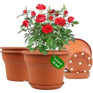 16 inch Plastic-Flower-Pot-for-Indoor-Plants, 4 Pack Large Outdoor Planter Pot with Drainage Holes & Saucers, Resin Decorative Garden Pots Planters