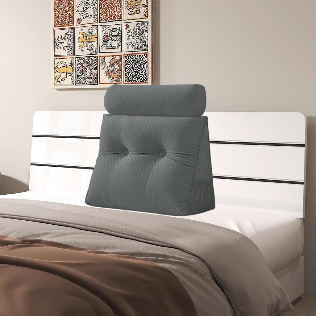 Velvet Triangular Headboard Wedge Pillow With Roll Pillow,Removable Cover Headboard Pillow Daybed Bunk Bed,Backrest Positioning Support Pillow Resting Reading Relaxing (Grey, Small(24 * 20 * 8in))