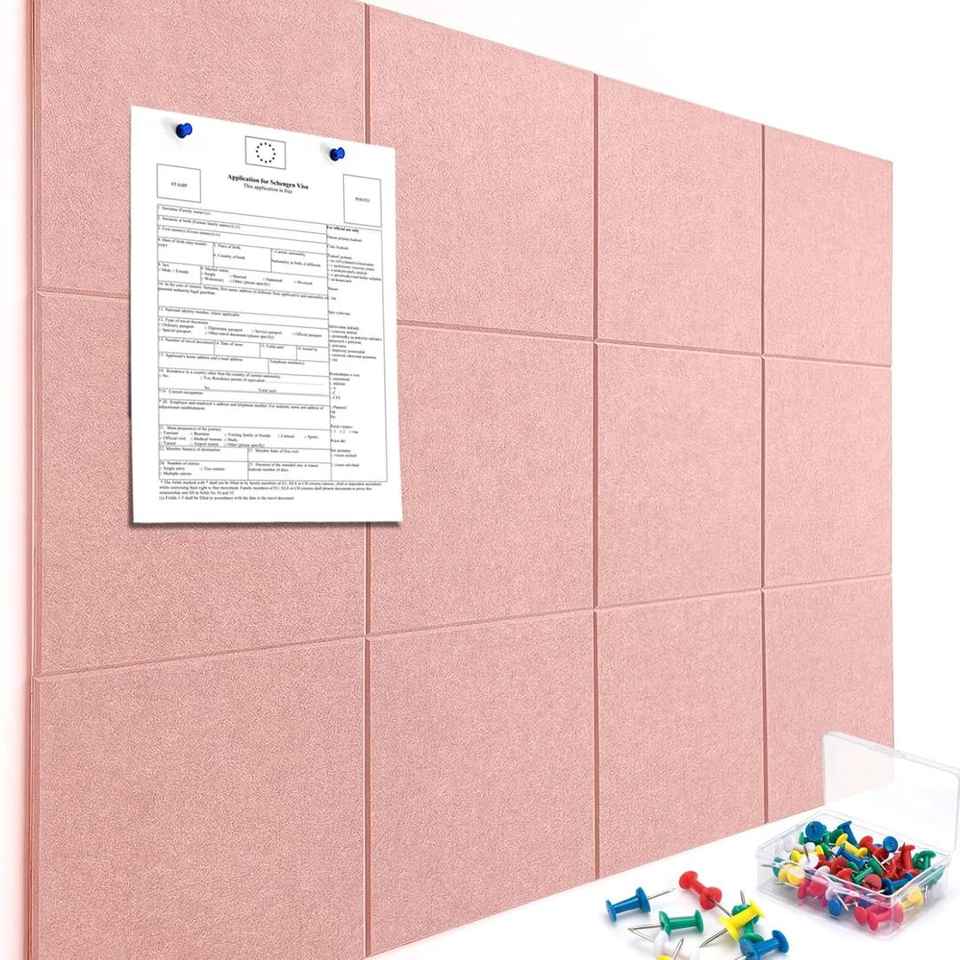 Large Cork Board Alternative 48" X 36" Bulletin Board - 12 Pack Removable Felt Wall Tiles with 30 pushpins, Large Cork Boards for Walls Cork Board for Office Pin Board Tack Board - Pink