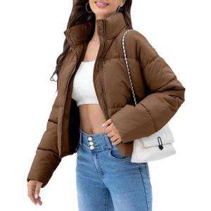 WHN Women’s Cropped Puffer Jacket Coat Warm Winter 2026 (Brown, L)