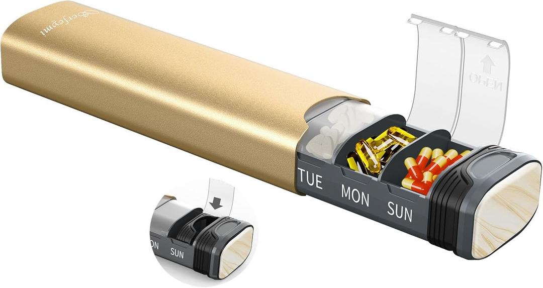 Metal Weekly Pill Organizer, Serfeymi Aluminum Daily Pill Box(Spare Gasket Provided), 7 Day Pill Case Travel Medicine Organizer, Pill Containers with Individual Lid for Vitamins, Pills, Supplement-Gold (With Lid 6.5in*2in*1.3in)