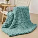 Bigacogo Chunky Knit Throw Blanket for Couch, 40x40 inches, 100% Hand Knitted with Thick Jumbo Chenille Yarn, Cozy Soft Large Rope Knot Cable Crochet Blankets for Sofa Bed Living Room, Light Teal