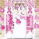 Breast Cancer Awareness Decorations,Include Pink Ribbon Hanging Swirls,Breast Cancer Awareness Pennant Banner and Porch Sign for Breast Cancer Public Charity Activity Party Decor Supplise.