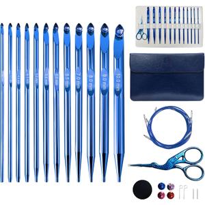 Tunisian Crochet Hooks Set Interchangeable with Case - 26pcs Metal Afghan Knitting Needles Kit 3mm-10mm with Long Cable & Ergonomic Grips, Blue
