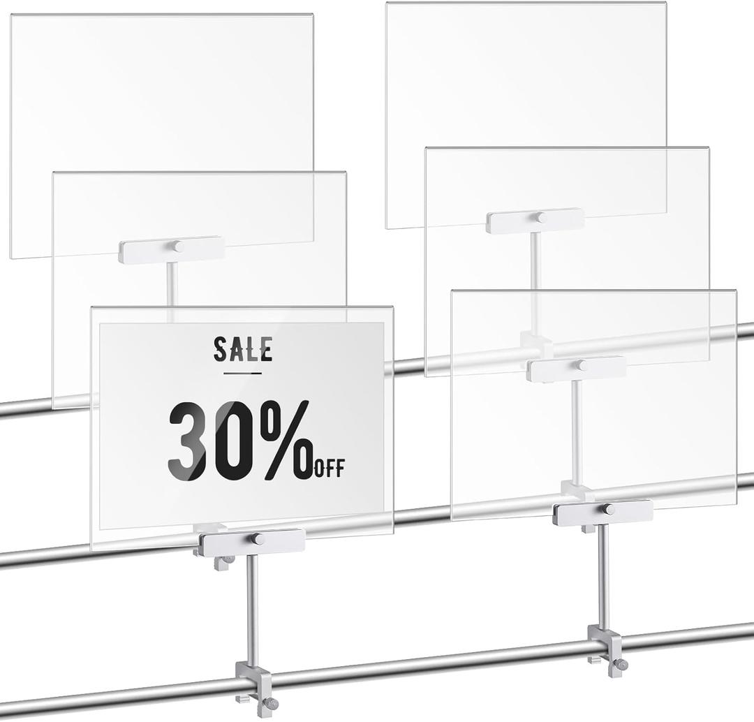 6 Set 8.5 x 11 Inch Aluminum Alloy Retail Sign Holder with Clamp Acrylic Frame Clothing Rack Clip on Sign Holder for Retail Stores Price Card Display, (Silver)