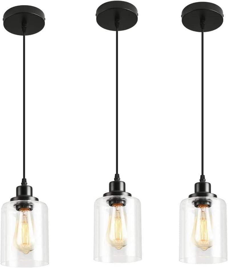 3 Lights Industrial Pendant Light with Glass Shade Matte Black Pendant Lighting Adjustable Industrial Retro Style Hanging Light,Kitchen Island Farmhouse Pendant Lights Fixtures for Kitchen,Farmhouse