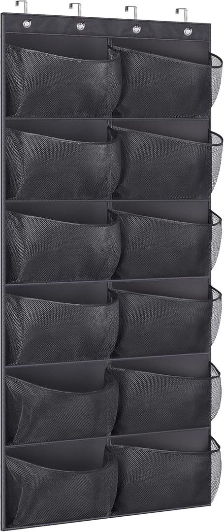 KIMBORA Boots Hanging Shoe Organizer for Closet 12 Extra Large Mesh Pockets Over The Door Shoe Rack for Men Shoes Size 16, Black