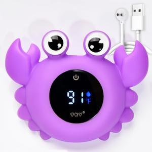 Crab Baby Bath Thermometer Toy - Digital Floating Water Thermometer with LED Display, Color Temperature Alerts & Safe Bath Sensor for Newborn, Infant Bathtub Essentials (Purple)