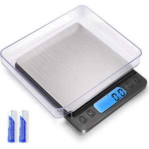 Digital Food Kitchen Scale Upgraded, YONCON 3000g/0.1g High Accuracy Mini Pocket Scale Measures in Grams and oz for Cooking, Baking, Jewelry, Tare Function, 2 Trays, LCD Display (Batteries Included) (Black)