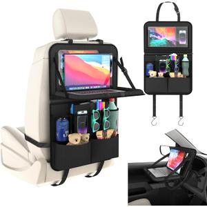 LUCMO Car Backseat Organizer with Tablet Holder,11 Storage Pockets with Foldable Food Tray, Protector Kick Mats for Kids, Travel Accessories Organizer (Black, 1Pack with Food Tray)