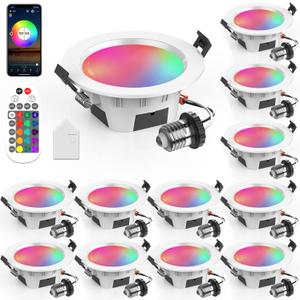 3" Smart Recessed Light 12Pack, Compatible with Alexa Google Home, WiFi & Bluetooth, RGBCW, 2700K~6500K CCT Selectable, Dimmeble, Multicolor, 3 Inch Remote Control Can-Killer LED Downlight