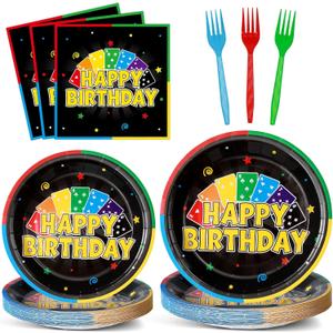 96Pcs Card Themed Birthday Party Plates and Napkins Card Game Decor Colorful Gaming Night Paper Disposable Dessert Cake Plates Gaming Themed Tableware Set for Adults Baby Shower Sleepover 24 Guests