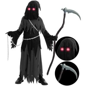 Spooktacular Creations Glowing Eyes Grim Reaper Costume for Kids, Halloween Costume for Boys, Halloween, Dress-up Party, 8-10Y