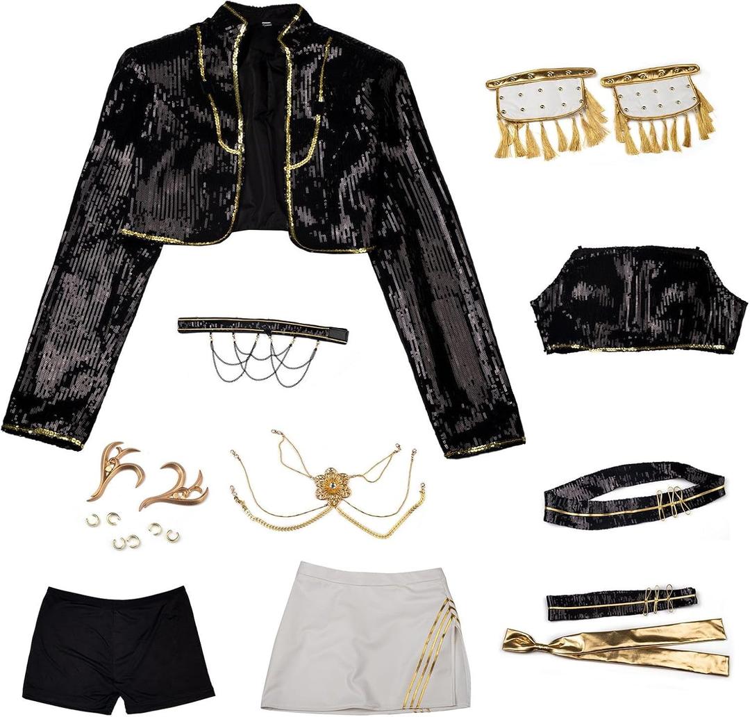 Cosfun Womens Cosplay Costume Set Black Golden Jacket Top Skirt Uniform Suit Dancing Stage (X-Small, Multicolored)
