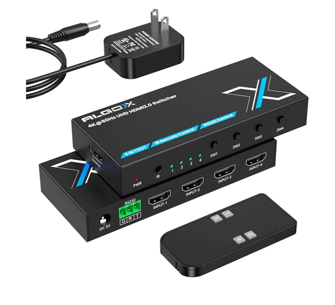 4K@60Hz HDMI Switch 4 in 1 Out 1080P@120Hz HDMI Switcher 4 Ports Selector with Remote Support 18Gbps HDR 10+ Dolby Vision/Atmos HDCP 2.2, RS232 Control