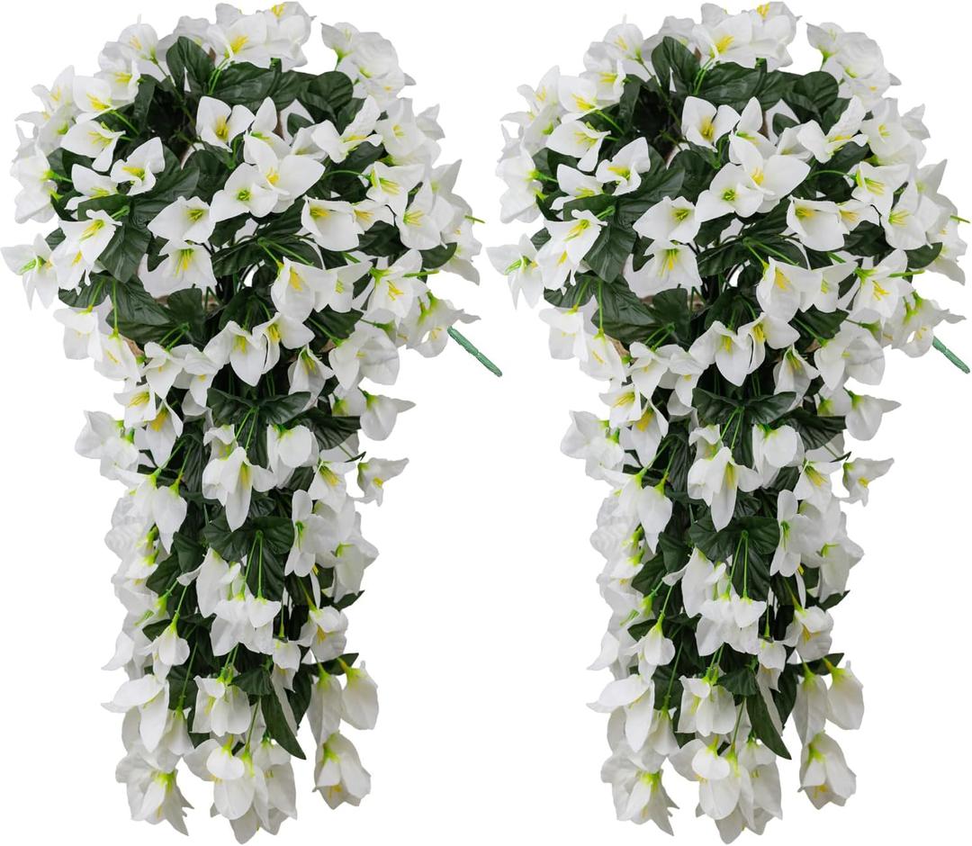 2PCS Artificial Hainging Flowers,Fake Outdoor flowers,Faux Bougainvillea flower for outdoor planters, Silk Long Trailing Vines UV Resistant Realistic for Front Door Porch Planter Garden Balcony (White)