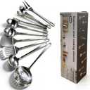 9 Pcs Cooking Utensils Set, Stainless Steel Kitchen Utensils, Heat Resistant Metal Kitchen Tools Include Solid & Slotted Turner Wok Spatula, Serving Spoon, Ladle, Pasta Server, Meat Fork, Tongs Silver