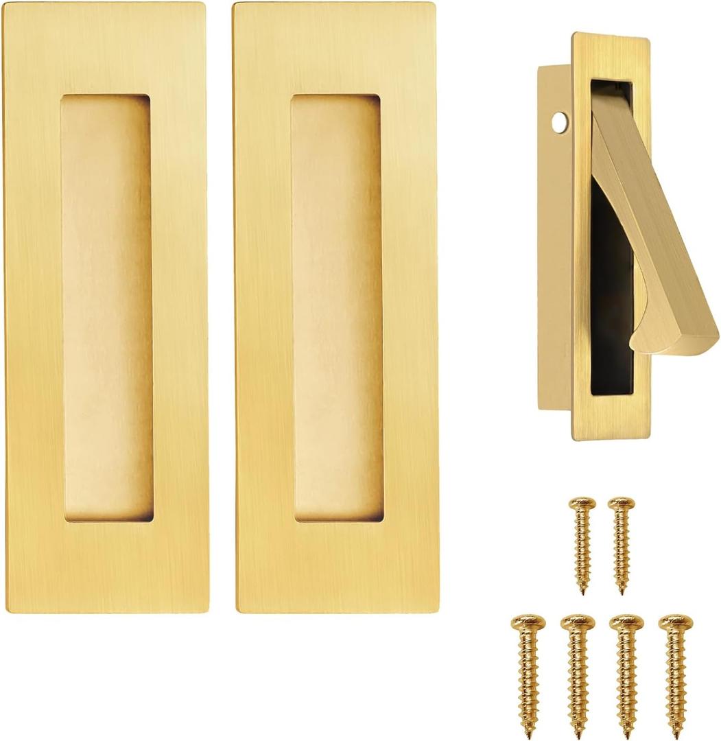 Pocket Door Handles and Edge Pull Brushed Brass, 6Inch Handles Hardware Latch,Recessed Finger Flush Pulls,for Closet,Sliding,Barn Door
