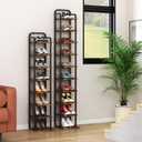 Vertical Shoe Rack, Shoe Shelves with 2 Hooks, Wood Shoe Organizer for Entryway, Shoe Tower for Small Spaces, Free Standing (Rustic Brown, 8 Tier)