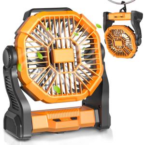 Portable Battery Operated Fan with LED Lantern, 20000mAh Outdoor Small Rechargeable Quiet Camping Fan, Personal Desk Fan Cooling Table Fan with Hanging Hook for Picnic Barbecue Fishing Travel (Orange)