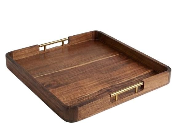 Acacia Wood Serving Tray with Metal Handles, 19.5x19.5in Food Drinks Tray for Coffee Table, Breakfast, Dinner & Bar, Natural Decorative Storage Tray for Ottoman, Kitchen