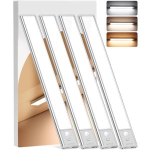 Under Cabinet Lighting Wireless, 4-Pack Motion Sensor Light Indoor with 3 Color Temps, Dimmable Closet Lights Battery Operated, LED Magnetic Light, Rechargeable Under Counter Lights for Kitchen Home
