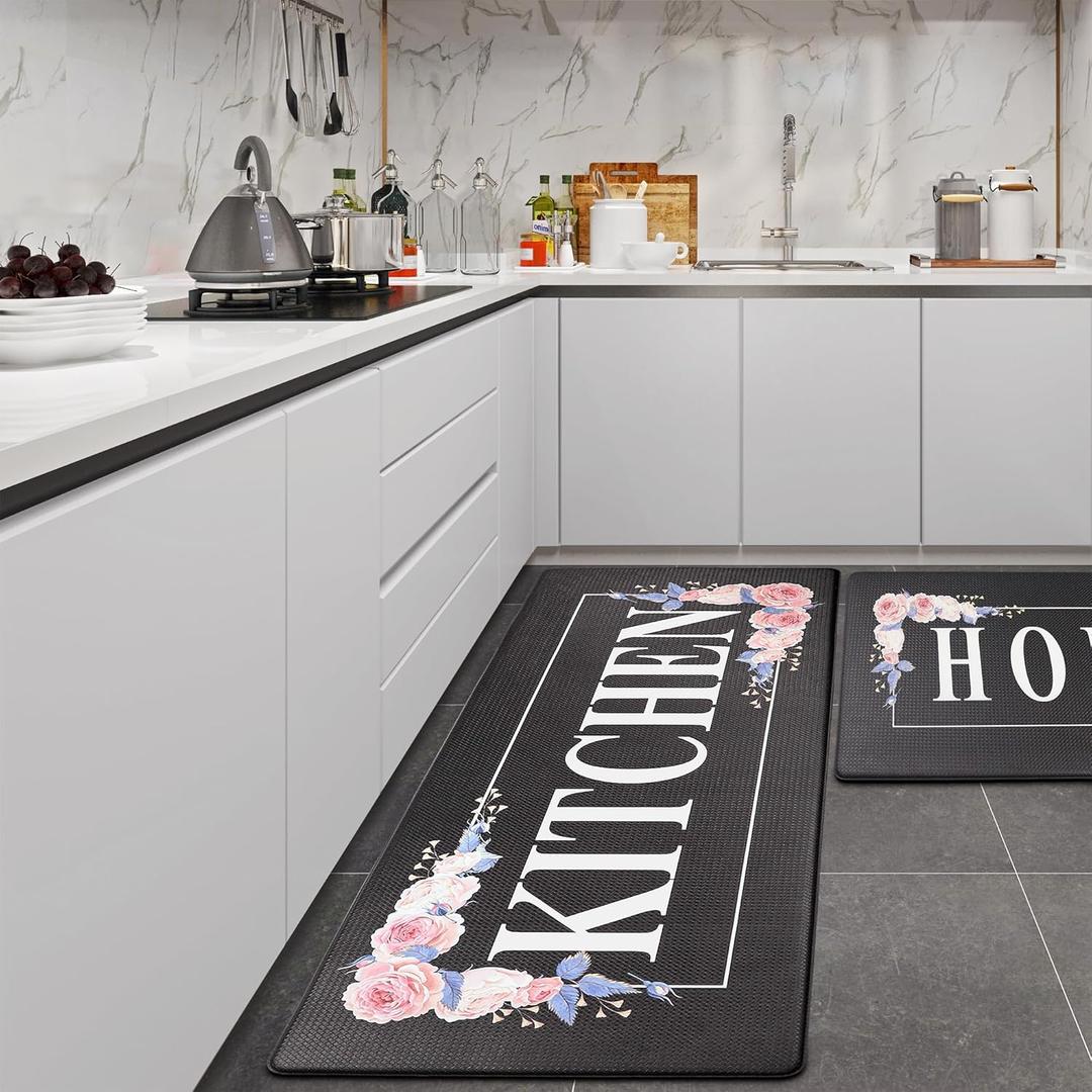 Flowers Home Kitchen Mat Sets 2PCS Non Skid Waterproof Kitchen Rugs and Runner Sets Cushioned Anti-Fatigue Comfort Mat for Home,Office Memory Foam Kitchen Rug, 17.3"30"+17.3"47",Black (1'5" x 3'11" (Rectangular))