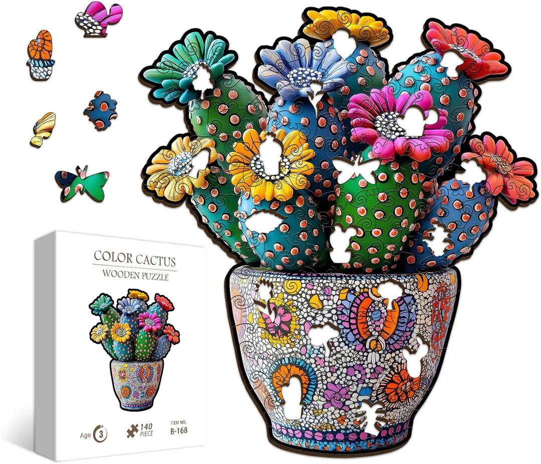 Colorful Cactus Wooden Puzzles for Adults, PICKFORU Flower Vase Wood Jigsaw Puzzle,Vintage Succulents Plant Unique Shapes Puzzles as Art Decor