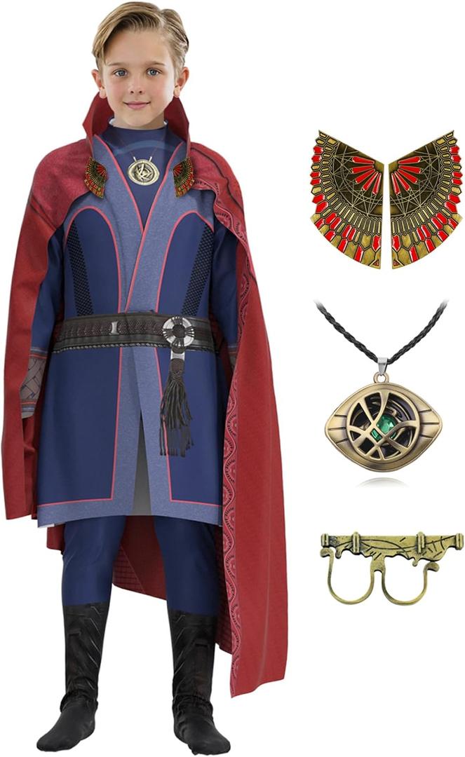 CICOCI Kids Strange Costume Cosplay Dr Cape Jumpsuit Ring Props with Magic Power Necklace(size 130) (L for height 47-51", Blue)