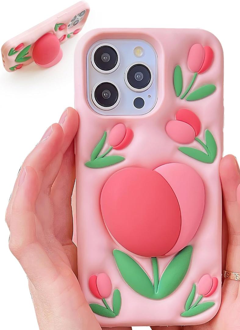 Cute 3D Flower Phone Case for iPhone 16 Pro - Retractable Stand & Grip with Floral Design - Girly Aesthetic Pink Tulip Soft Silicone Phone Cover for Women, Girls, and Teens, Pink