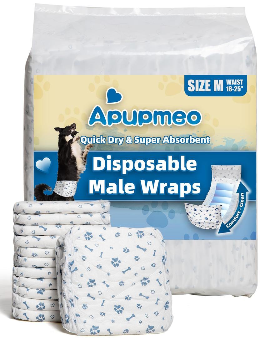 Apupmeo Dog Diapers Male Wraps, Disposable Male Dog Diaper, Super Absorbent Doggie Diapers for Boy Dogs with Incontinence Marking or Excitable Urination(M, 50)