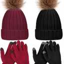 4 Pcs Winter Beanie Hat Gloves Set Pom Knit Unisex Warm Fleece Lined Hat Touchscreen Gloves for Women Men Couples Friends (Black and Red)