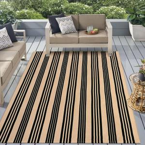 Black and Khaki Striped Rug 5'x7', Washable Fall Outdoor Rugs Cotton Hand Woven Front Porch Rugs, Reversible Patio Rug Foldable Large Throw Rugs for Living Room Home Entrance