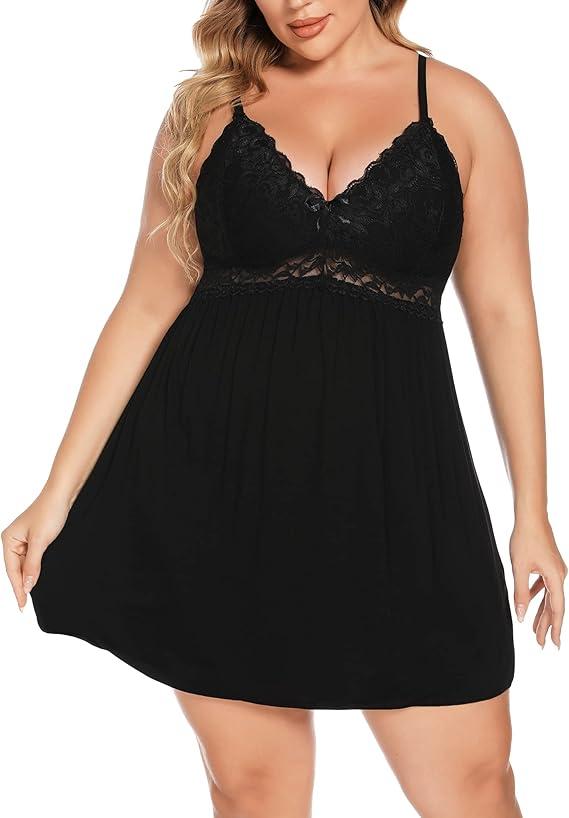 Ababoon Plus Size Lingerie for Women Lace Modal Chemises Nightgown V-Neck Full Slip Babydoll Sleepwear Size (XL)