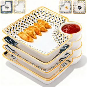 4 Pack Dumpling Plate with Dipping Saucer, 7.5" Ceramic Japanese Sushi Platter, Colorful Square Serving Plate with Dish for Home Kitchen, Snack Dessert Salad Fries Fruit Gyoza