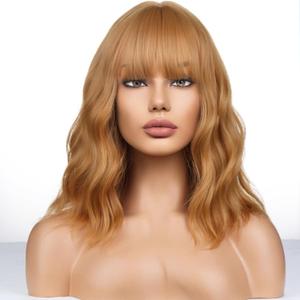 Strawberry Blonde Wigs for Women Girls Short Bob Wig Short Curly Wavy Strawberry Blonde wig With Bangs Heat Resistant Synthetic Wigs for Cosplay Costume Party