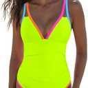 popvil Women's One Piece 2025 Tummy Control Swimsuits Neon Color Block Swimwear Deep V Neck Slimming Bathing Suit, M