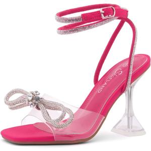 Shoe Land Women’s Clear Rhinestone Bow Heels – Double Bowknot & Adjustable Ankle Strap | Crystal Stiletto High Heels with Square Open Toe for Wedding & Party 10