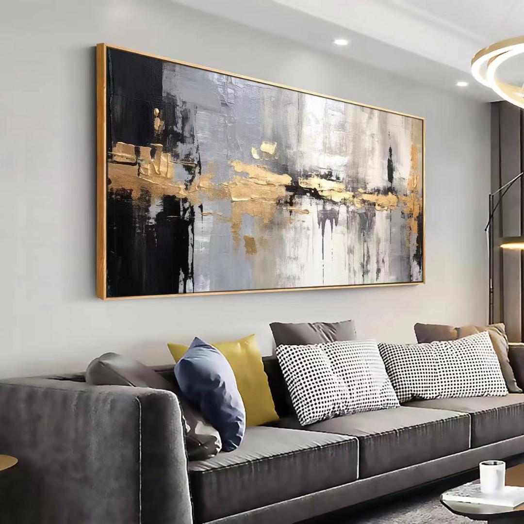 Abstract Wall Art Black and White Modern Artwork Golden Yellow Line Art Canvas Painting Wall Decor for Living Room Bedroom Dining Room Home Office Decor 20"x40" with Framed