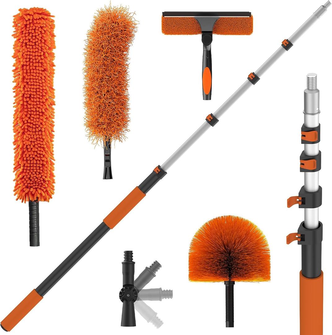 26FT High Reach Duster Kits with 5-20FT Extension Pole, Cobweb Duster with Telescoping Pole, Washable Ceiling Fan Cleaner & Window Squeegee for Glass Surfaces & High Roof