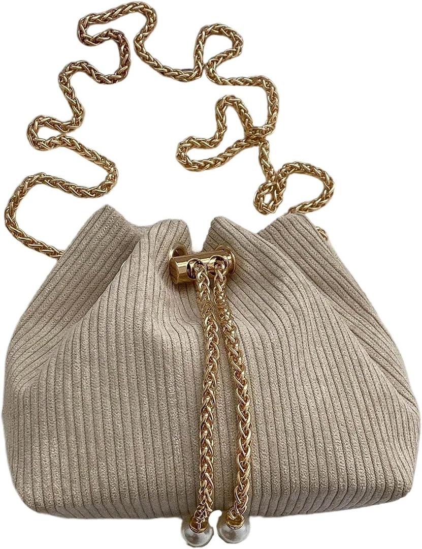 SweatyRocks Women's Mini Bucket Bag Drawstring Crossbody Shoulder Purses with Chain Strap (Khaki)