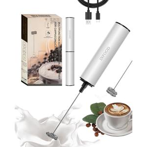 INFOOD Milk Frother Rechargeable with Cover - Coffee Frother Wand, Drink Mixer Handheld with 2 Detachable Stainless Whisks 2 Speed Adjustable for Latte, Cappuccino, Hot Chocolate, Egg, White
