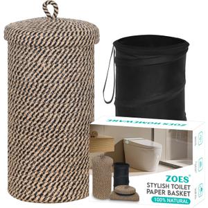 Jute Toilet Paper Storage Basket with Lid,Bathroom Toilet Paper Holder Stand for 3 Mega Rolls,Tissue Holder for Bathroom with Removable Waterproof Insert, 7"x7"x13.5"