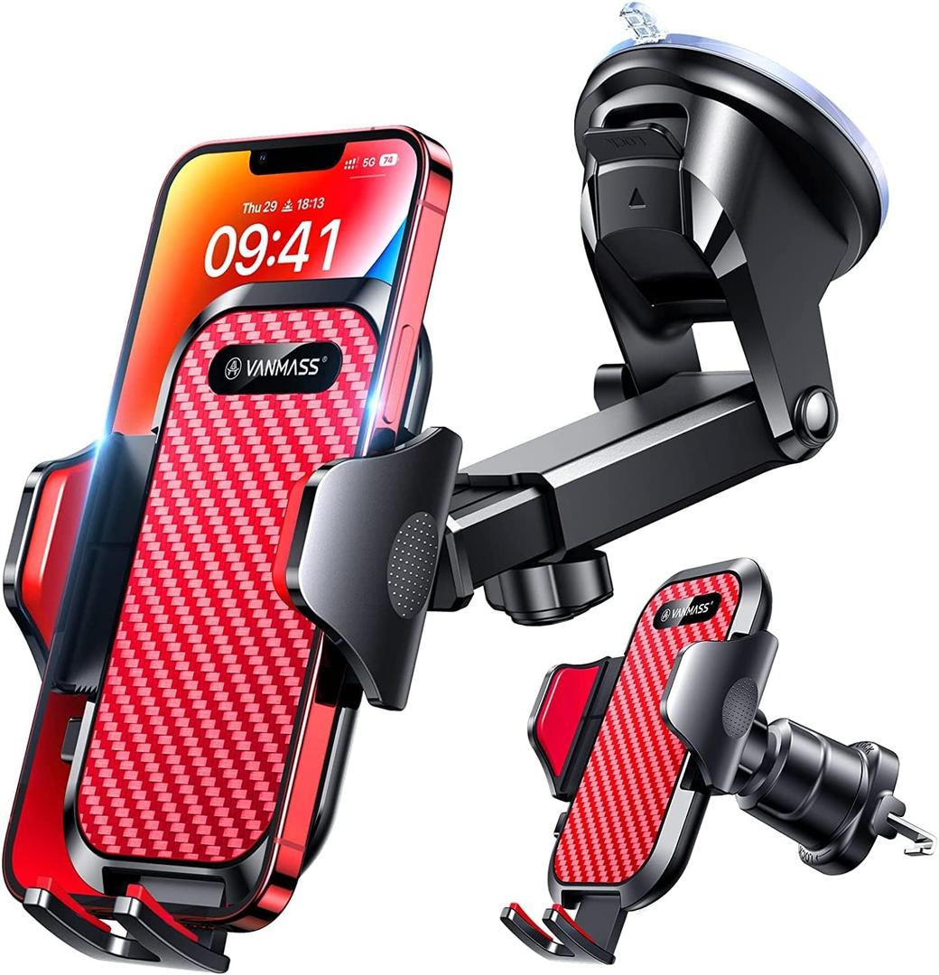 VANMASS Phone Holders for Your Car 2025 Ultimate Phone Mount Military-Grade Windshield Dashboard VentNewest Best Strongest Cell Phone Car Mount for iPhone 16 Pro Max 15 Samsung Android,Red