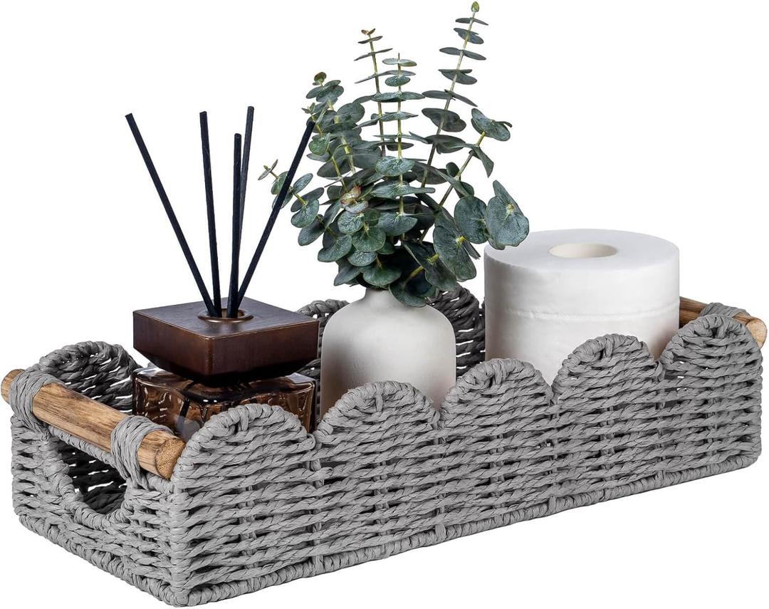 CubesLand Bathroom Basket Organizer w/Cut Out Handle, Back of Toilet Paper Storage Baskets Tray for Bathroom Countertop Decorative, Scalloped Wicker Basket Also for Home Decor, Living Room, Grey (14.96" (L) x 6.3" (W) x 3.54" (H))